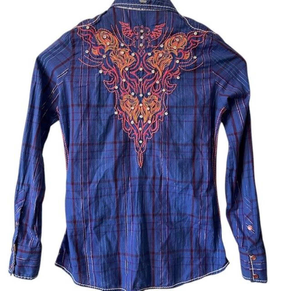 Roar Embroidered Western Plaid Shirt Orange Rhinestone Embellished Button Up Med - Picture 5 of 15